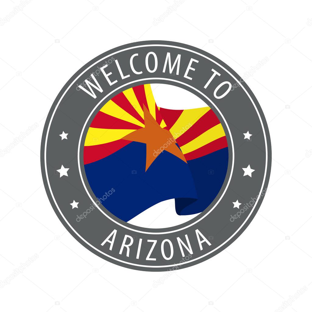Welcome to Arizona. Gray stamp with a waving state flag. Collection of welcome icons.