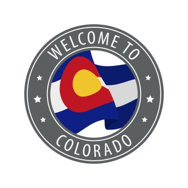 Colorado 'ya hoş geldiniz. El sallayan eyalet bayrağıyla gri damga.
