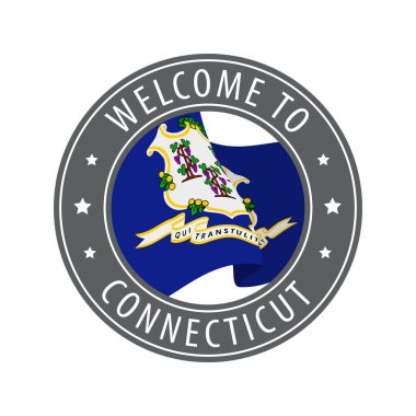 Connecticut 'a hoş geldiniz. El sallayan eyalet bayrağıyla gri damga.