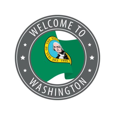 Washington 'a hoş geldiniz. El sallayan eyalet bayrağıyla gri damga.