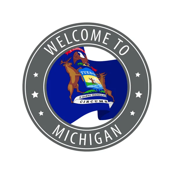 Bienvenido a Michigan. Sello gris con una bandera estatal ondeante. — Vector de stock