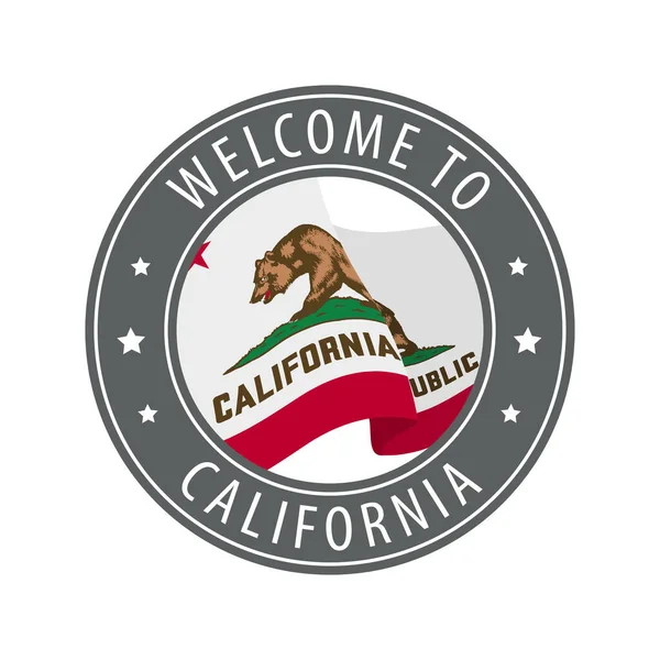 Bienvenue en Californie. Timbre gris avec un drapeau d'état agitant. — Image vectorielle