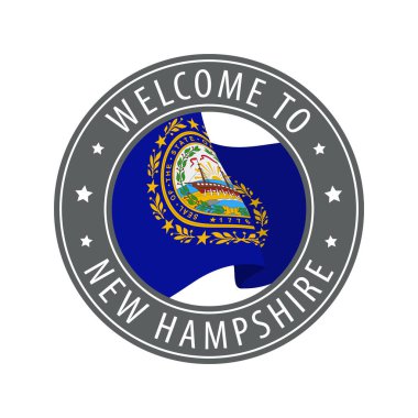 New Hampshire 'a hoş geldiniz. El sallayan eyalet bayrağıyla gri damga.