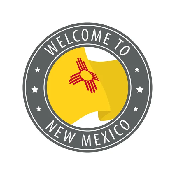 Bienvenue au Nouveau Mexique. Timbre gris avec un drapeau d'état agitant. — Image vectorielle
