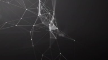 Alanın derinliğine sahip siyah bir zemin üzerinde beyaz noktaların ve çizgilerin soyut dalgaları. Teknolojik geçmiş. Ağ bağlantısı yapısı.