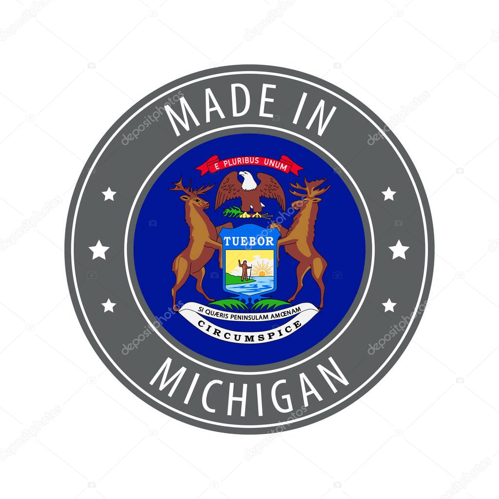 Made in Michigan icon. Gray stamp with a round state flag.