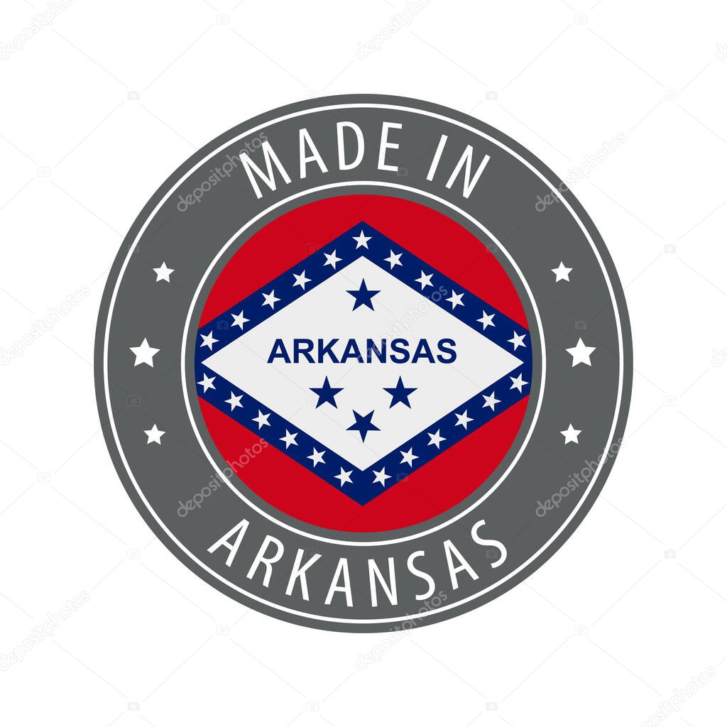 Made in Arkansas icon. Gray stamp with a round state flag.