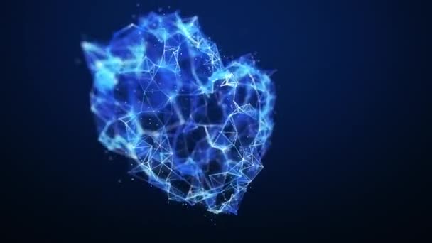 3D καρδιά συναρμολογείται από τελείες και γραμμές σε σκούρο μπλε φόντο. — Αρχείο Βίντεο
