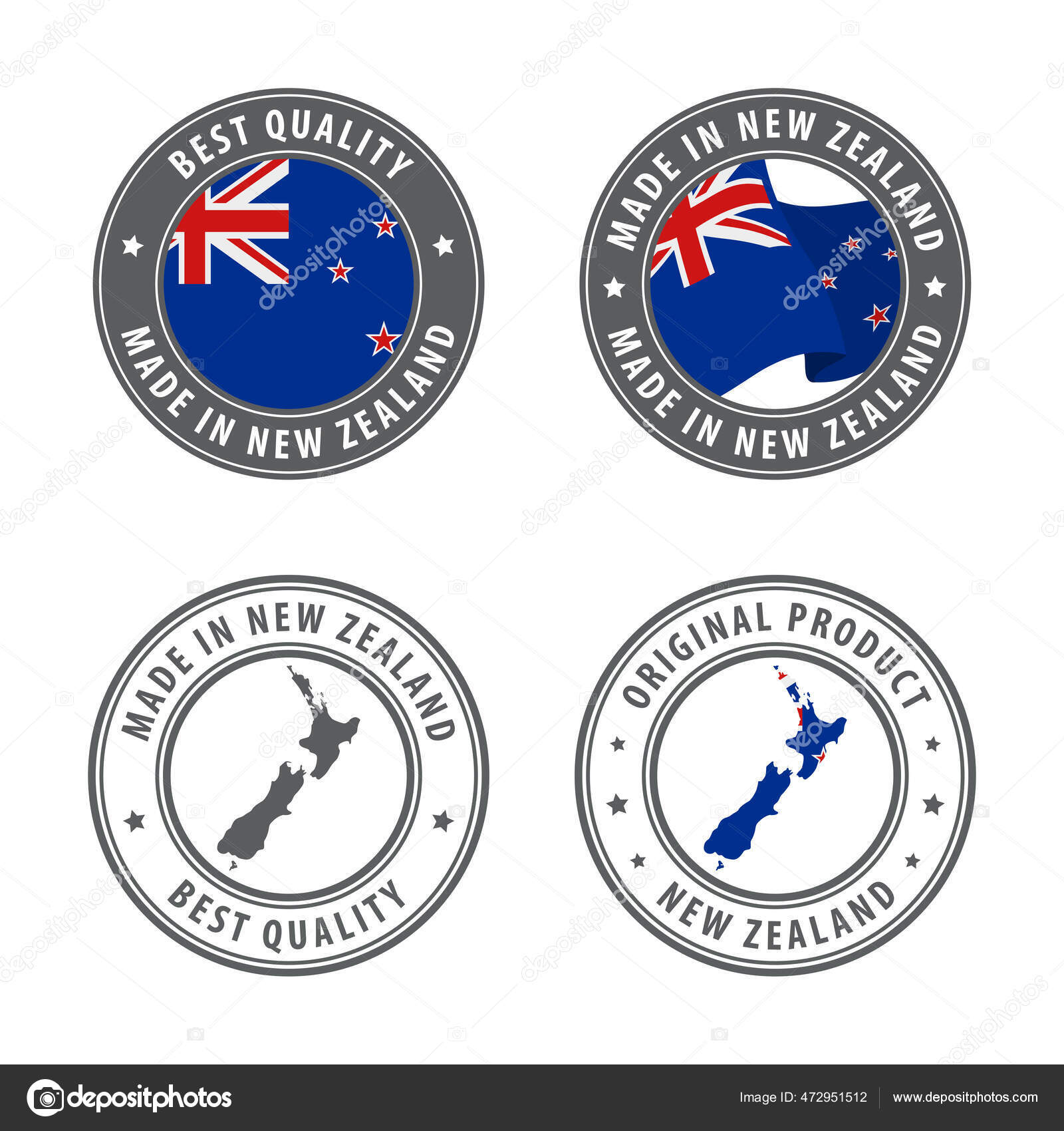 Made in New Zealand set of labels, stamps, badges, with the New Zealandmap and flag. Best
