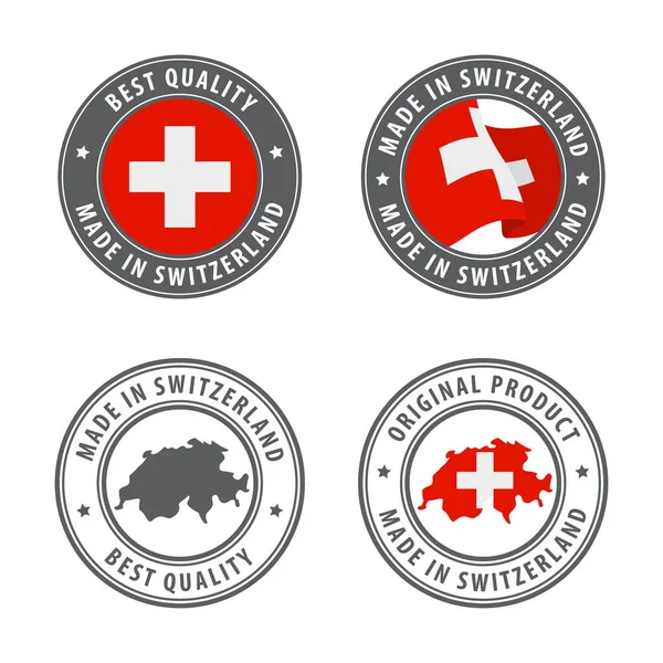 Fabricado en Suiza - conjunto de etiquetas, sellos, insignias, con el mapa y la bandera de Suiza. La mejor calidad. Producto original. — Archivo Imágenes Vectoriales