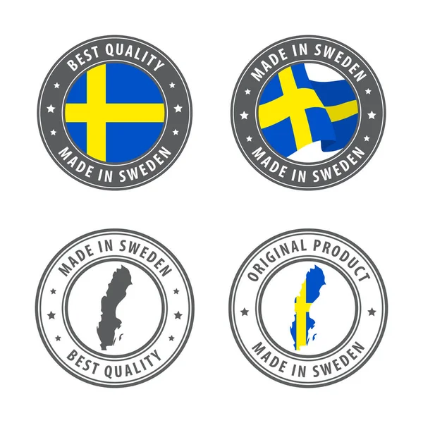 Hecho en Suecia - conjunto de etiquetas, sellos, insignias, con el mapa y la bandera de Suecia. La mejor calidad. Producto original. — Archivo Imágenes Vectoriales