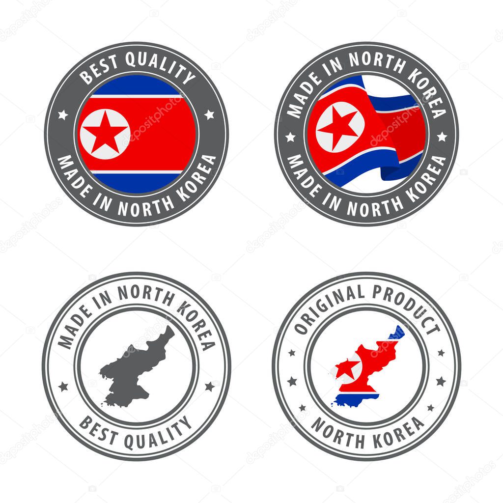 Made in North Korea - set of labels, stamps, badges, with the North Korea map and flag. Best quality. Original product.