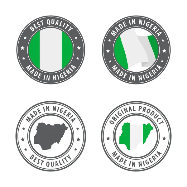尼日利亚制造的一套标签、邮票、徽章，附有尼日利亚地图和国旗。最好的品质原产品. — 图库矢量图片