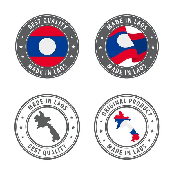 Made in Laos - set of labels, stamps, badges, with the Laos map and flag. Best quality. Original product. — Stock Vector