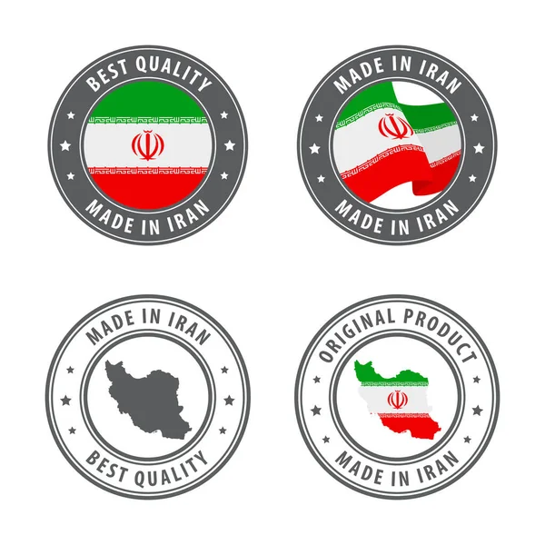 Made in Iran - sada etiket, razítek, odznaků, s íránskou mapou a vlajkou. Nejlepší kvalita. Původní produkt. — Stockový vektor