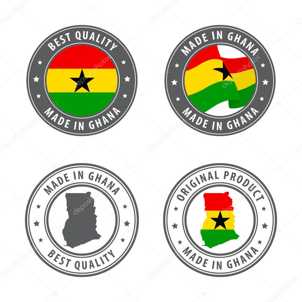 Made in Ghana - set of labels, stamps, badges, with the Ghana map and flag. Best quality. Original product.
