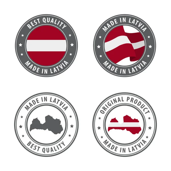 Hecho en Letonia - conjunto de etiquetas, sellos, insignias, con el mapa y la bandera de Letonia. La mejor calidad. Producto original. — Archivo Imágenes Vectoriales