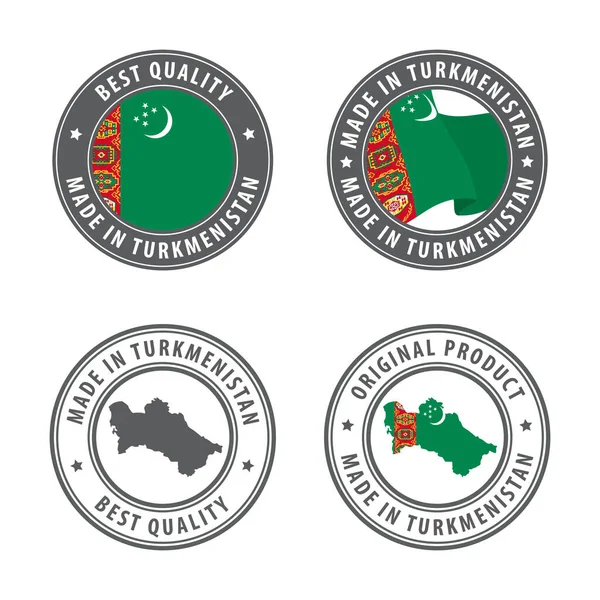 Fabricado en Turkmenistán - conjunto de etiquetas, sellos, insignias, con el mapa y la bandera de Turkmenistán. La mejor calidad. Producto original. — Vector de stock