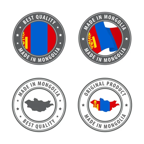 Made in Mongolia - set of labels, stamps, badges, with the Mongolia map and flag. Best quality. Original product. — Stock Vector