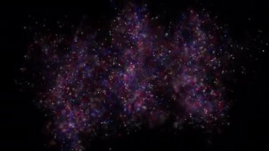 Patlayan mavi kırmızı beyaz toz parçacıkları konfeti yavaşça yere düşüyor. Toz parçacıkları arka plan, arka plan siyah ışık. Arkaplanı şeffaf 4K görüntü. ProRes 4444