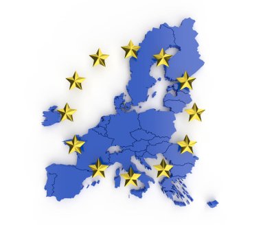 Mavi AB kartı ve altın yıldızlar. 3d hazırlayıcı