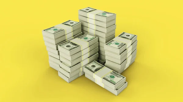 Bundles Dollars Collected Piles Yellow Background Render — Stock Photo, Image