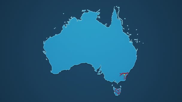 Modrá mapa Austrálie s městy, silnicemi a železnicemi na tmavomodrém pozadí.