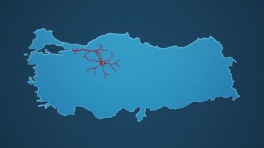 Koyu mavi arka planda şehirleri, yolları ve demiryolları olan açık mavi Türkiye haritası. Alfa kanalı ile 4K Canlandırma