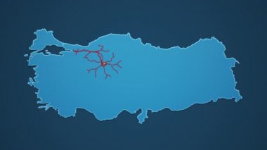 Koyu mavi arka planda şehirleri, yolları ve demiryolları olan açık mavi Türkiye haritası. Alfa kanalı ile 4K Canlandırma