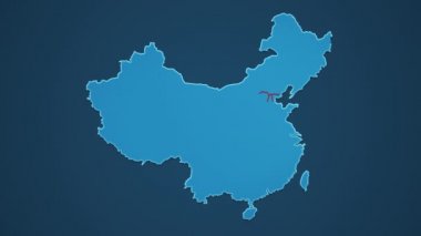Açık mavi Çin haritası, şehirleri, yolları ve demiryolları koyu mavi arka planda. Alfa kanalı ile 4K Canlandırma