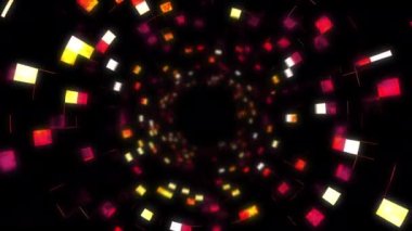 Parıldayan kare ışıkları olan soyut fütüristik bilim kurgu tüneli. Canlandırılmış grafikler, kırmızı, mavi, beyaz, parlak ışıklar.