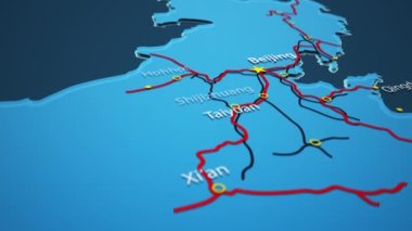 Açık mavi Çin haritası, şehirleri, yolları ve demiryolları koyu mavi arka planda..