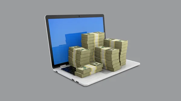 在笔记本电脑键盘上打开装有100美元钞票的笔记本电脑。通过网上交易或网络营销获得收入。通过互联网赚钱. — 图库照片