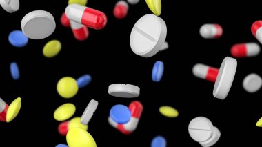 Farklı şekillerde renkli haplar siyah arka plana düşüyor. Eczacılık konsepti. 3B görüntüleme