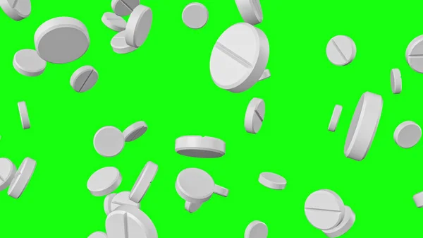 White Pills Falling Green Background Pharmaceutical Concept Rendering — Stock Photo, Image