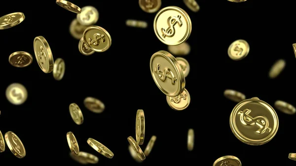 Falling Gold Coins Dollar Symbol Black Background Depth Field Rendering — Stock Photo, Image
