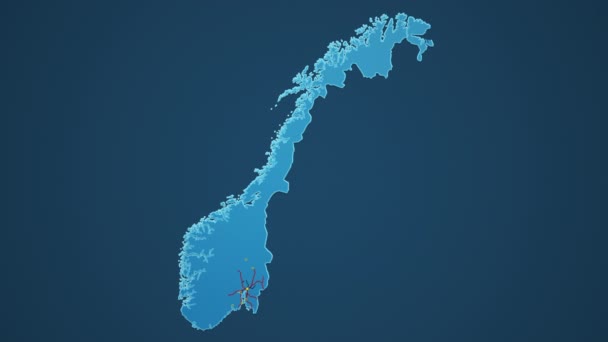 暗い青の背景に都市 道路や鉄道とノルウェーのライトブルーの地図 アルファチャンネル付き4Kアニメーション — ストック動画