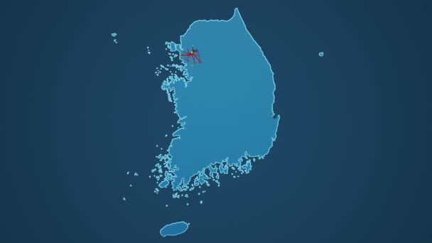 Açık Mavi Güney Kore Haritası Şehirleri Yolları Demiryolları Koyu Mavi — Stok video