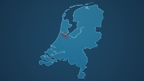 Light Blue Map Netherlands Cities Roads Railways Dark Blue Background — Stock Video