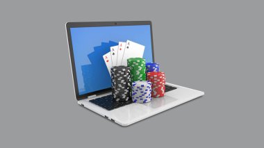 Kumarhane fişleri ve bilgisayar kartları, online kumarhane konsepti. Kumar fişleri poker kartları para dizüstü bilgisayarında. 3d oluşturma