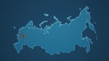 Açık mavi Rusya haritası, şehirleri, yolları ve demiryolları koyu mavi arka planda..