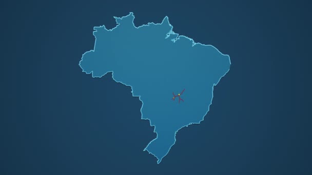 Mapa azul claro de Brasil con ciudades, carreteras y ferrocarriles sobre un fondo azul oscuro. — Vídeo de stock