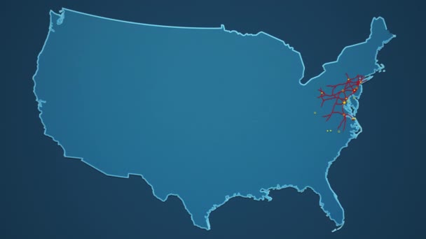 Jasnoniebieska mapa USA z miastami, drogami i koleją na ciemnoniebieskim tle. — Wideo stockowe