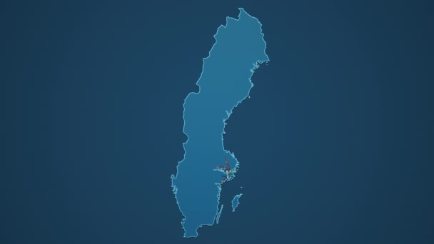 Mapa azul claro de Suecia con ciudades, carreteras y ferrocarriles sobre un fondo azul oscuro. — Vídeos de Stock