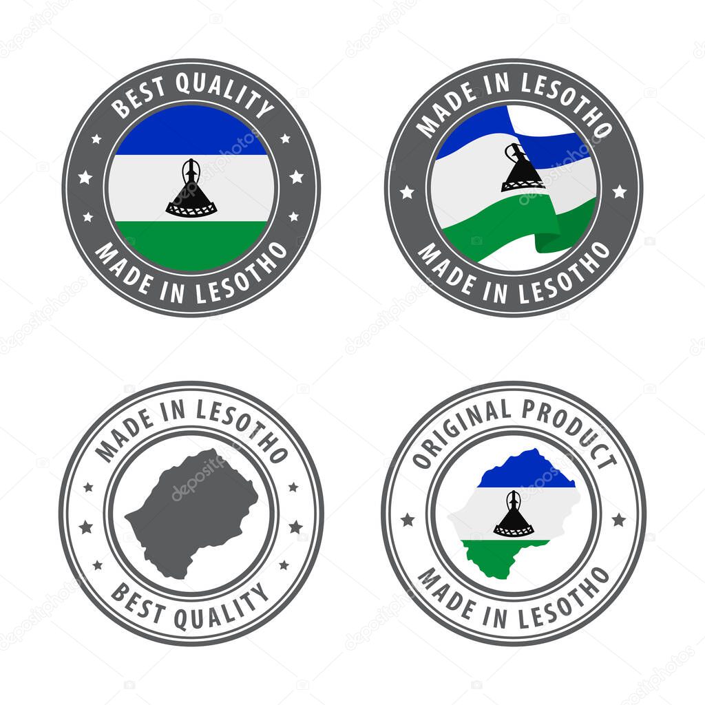 Made in Lesotho - set of labels, stamps, badges, with the Lesotho map and flag. Best quality. Original product.