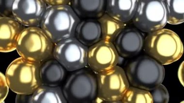 Altın, gümüş ve siyah baloncuklardan oluşan makro çekim, çerçevenin ortasında beliren balonlar ve siyah arka plana doğru inen balonlar..