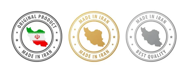 Hecho en Irán - conjunto de sellos con mapa y bandera. La mejor calidad. Producto original. — Archivo Imágenes Vectoriales