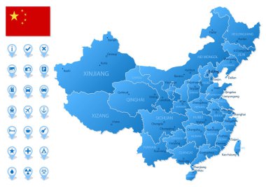 Seyahat bilgi simgeleriyle Çin idari bölümlerinin mavi haritası. Vektör illüstrasyonu