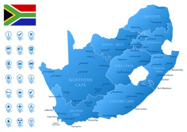 Seyahat bilgi simgeleriyle birlikte Güney Afrika idari bölümlerinin mavi haritası. Vektör illüstrasyonu