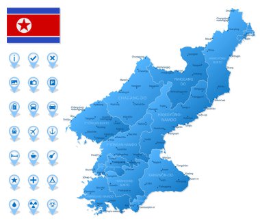Seyahat bilgi simgeleriyle Kuzey Kore idari bölümlerinin mavi haritası. Vektör illüstrasyonu